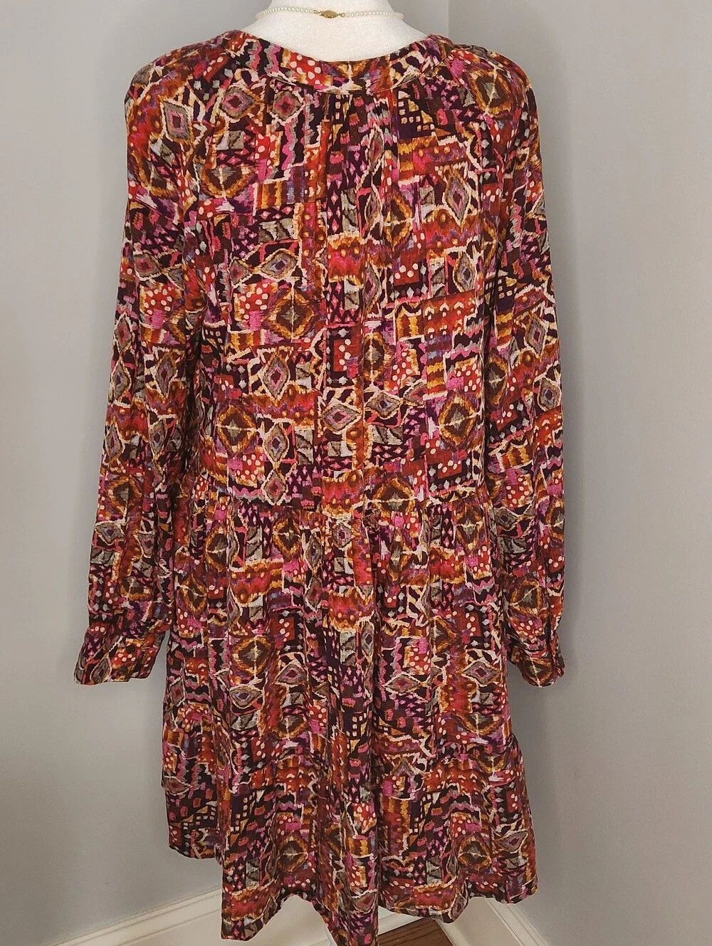 Xirena Lilith Geometric Printed Long Sleeve Tiered Dress in Burgundy and Pink L